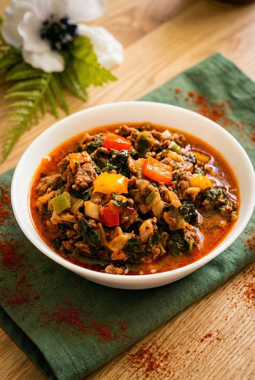 Spinach with Ground Beef & Veggies Stew