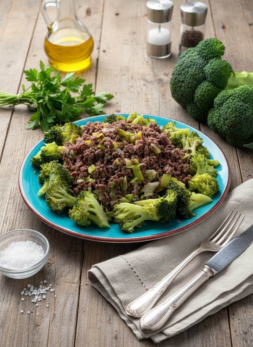 Ground Beef with Leek and Broccoli